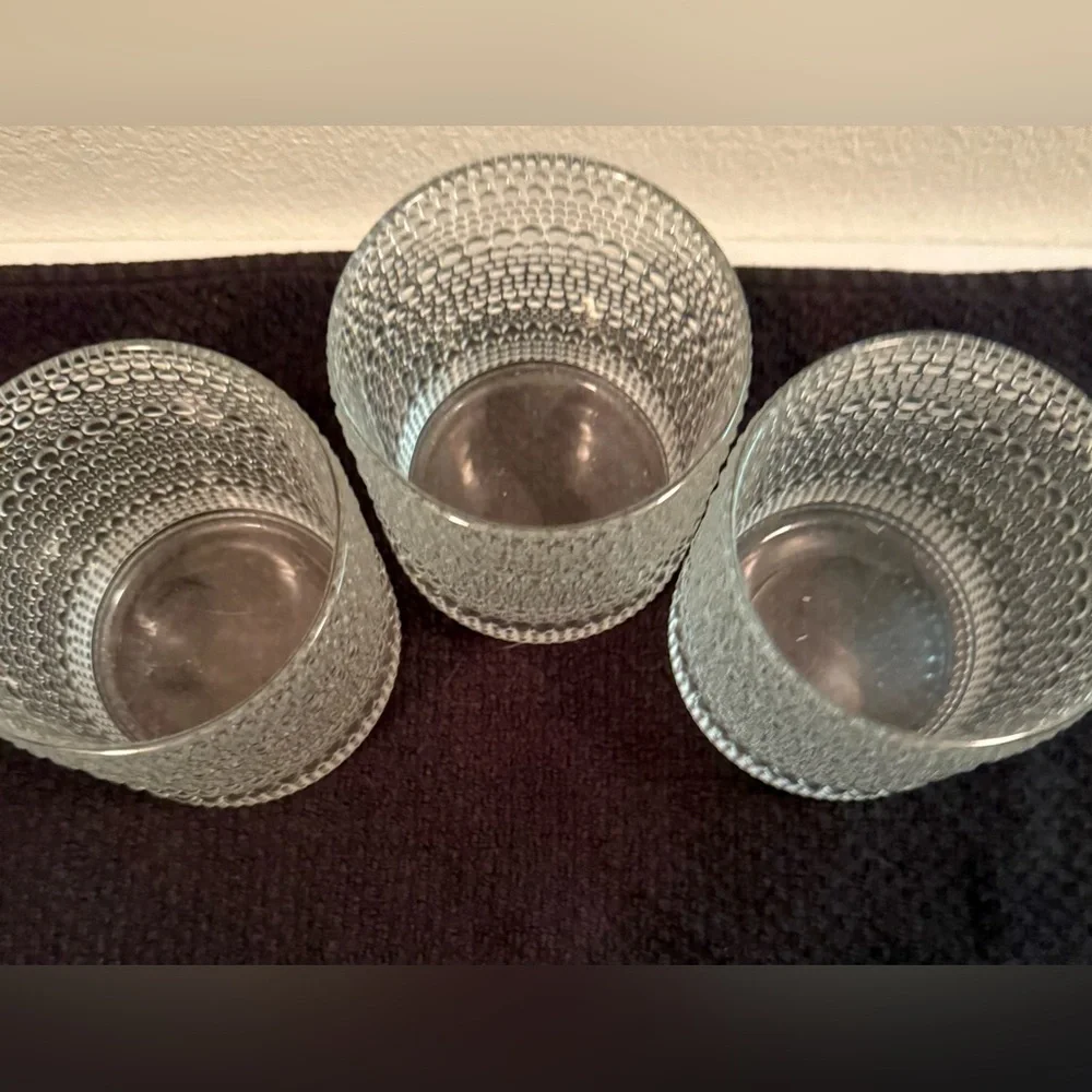 4 William Sonoma Fortessa Jupiter Short Tumblers. 10-12 oz 3 clear 1 pink